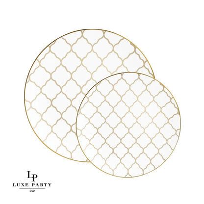 Round White • Gold Lattice Pattern Plastic Plates | 10 Pack