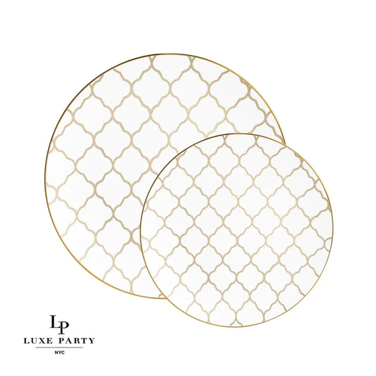 Round White • Gold Lattice Pattern Plastic Plates | 10 Pack