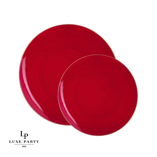 Round Red • Red & Gold Pattern Plastic Plates | 10 Pack