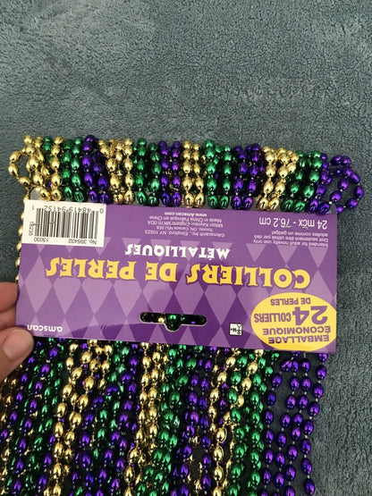 Green, Purple and Gold Plastic Mardi Gras Bead Necklaces (24-Count)