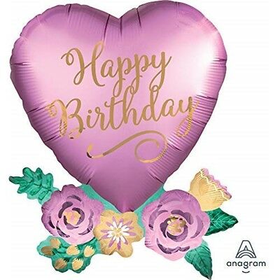 Happy Birthday Satin Heart With Flowers 31'' Balloon