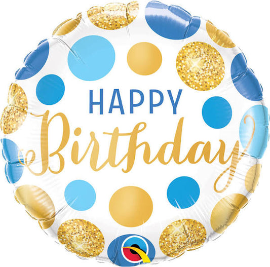 Happy Birthday Blue Gold Dots, 18" Balloon*